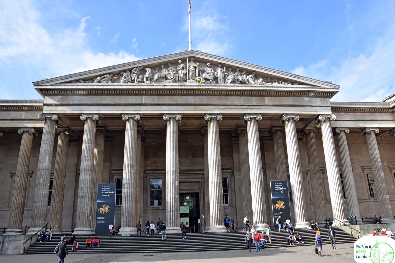 The British Museum, located in the Bloomsbury area of London