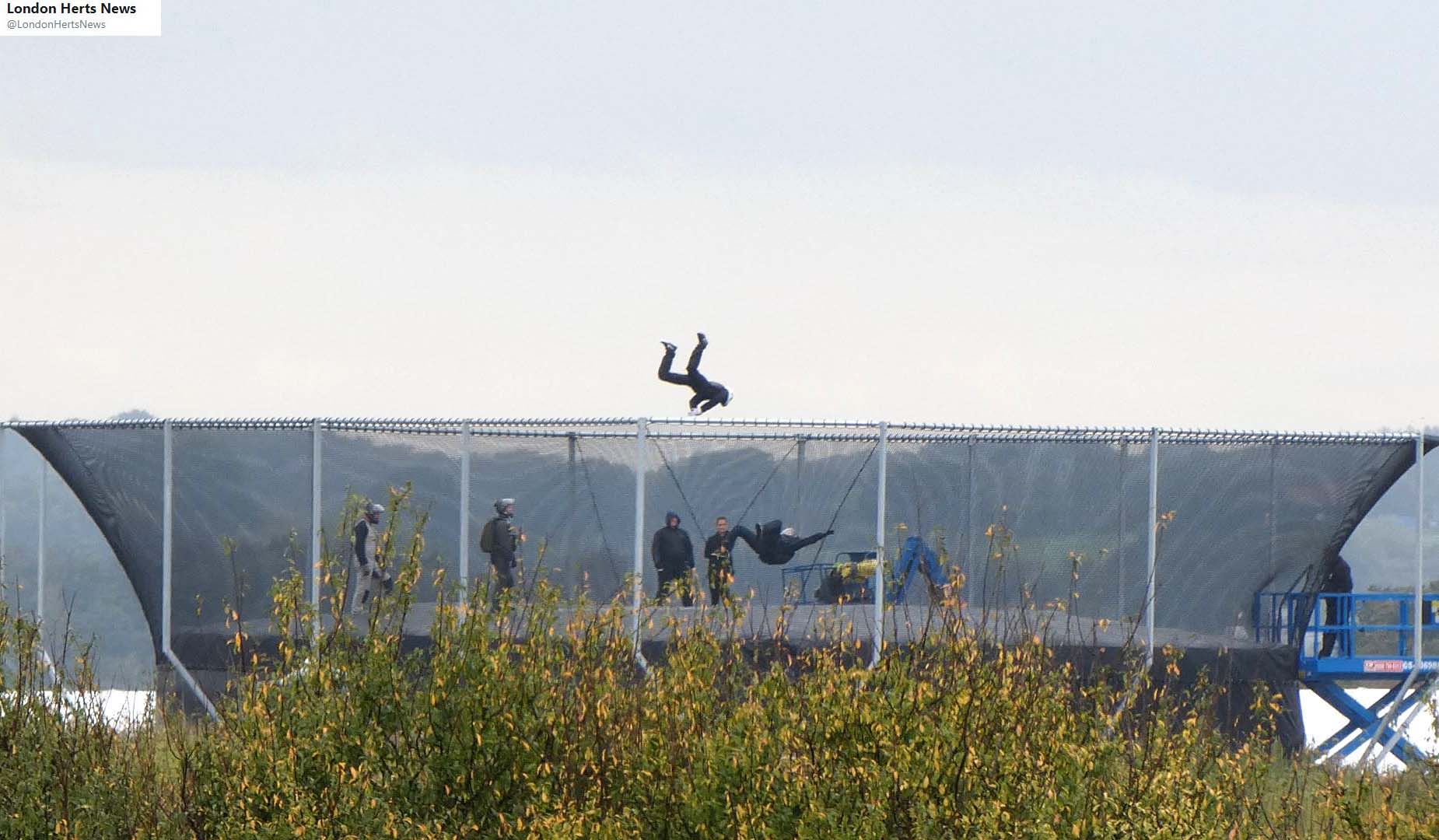 Tom Cruise Wind Machine Mission Impossible Fallout at Film Studio at Warner Bros Leavesden UK