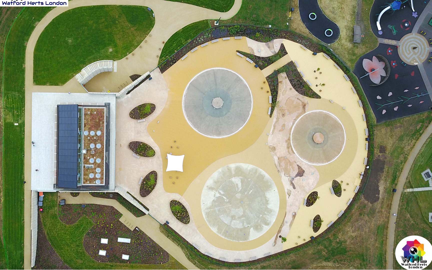 Aerial Views of Cassiobury Park Hub and pools from above