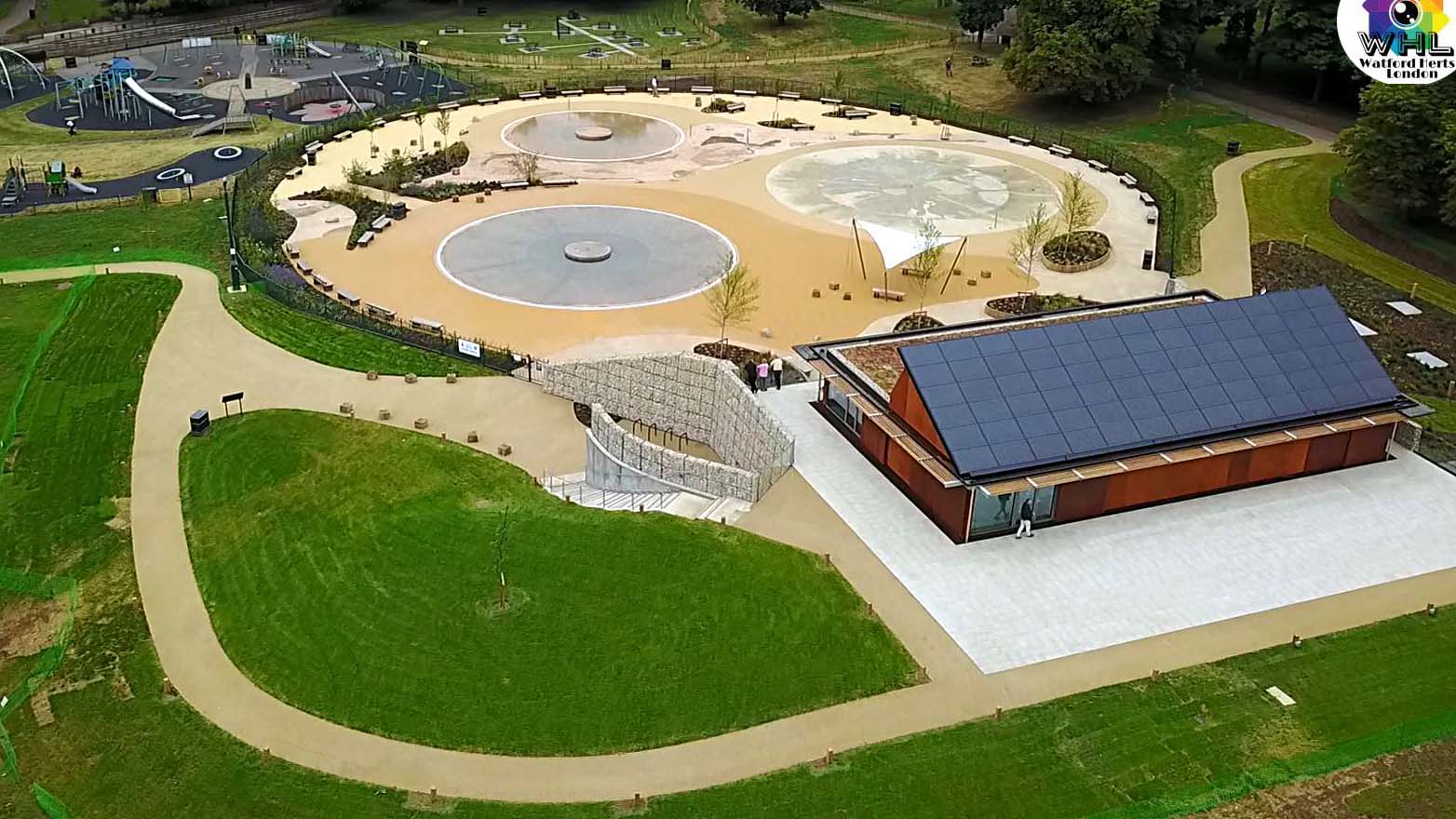 Aerial Views of Cassiobury Park Hub and pools from above